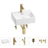 Раковина для ванной Wellsee Graceful Pro 201004538 в наборе 5 в 1: раковина белого глянцевого цвета, смеситель, сифон, донный клапан, угловые вентили (цвет набора золото)