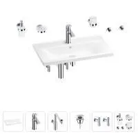 Раковина для ванной Wellsee FreeDom 201007041 в наборе 9 в 1: раковина белого глянцевого цвета, смеситель, сифон, донный клапан, угловые вентили, аксессуары (цвет набора хром)