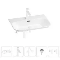 Раковина для ванной Wellsee Eclatant 2.0 201005470 в наборе 5 в 1: раковина белого глянцевого цвета, смеситель, сифон, донный клапан, угловые вентили (цвет набора матовый белый)