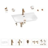 Раковина для ванной Wellsee Eclatant 2.0 201007549 в наборе 9 в 1: раковина белого глянцевого цвета, смеситель, сифон, донный клапан, угловые вентили, аксессуары (цвет набора розовое золото)