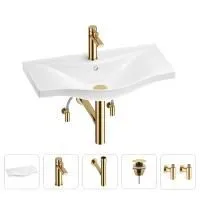 Раковина для ванной Wellsee Bisou 201005303 в наборе 5 в 1: раковина белого глянцевого цвета, смеситель, сифон, донный клапан, угловые вентили (цвет набора золото)