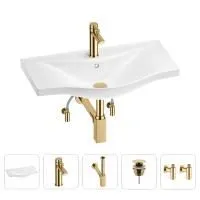 Раковина для ванной Wellsee Bisou 201005343 в наборе 5 в 1: раковина белого глянцевого цвета, смеситель, сифон, донный клапан, угловые вентили (цвет набора золото)