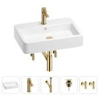 Раковина для ванной Wellsee Halcyon 201004513 в наборе 5 в 1: раковина белого глянцевого цвета, смеситель, сифон, донный клапан, угловые вентили (цвет набора золото)