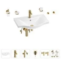 Раковина для ванной Wellsee Bisou 201007348 в наборе 9 в 1: раковина белого глянцевого цвета, смеситель, сифон, донный клапан, угловые вентили, аксессуары (цвет набора золото)
