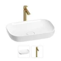 Раковина для ванной Wellsee Croquis 201000573 в наборе 2 в 1: овальная раковина белого глянцевого цвета, высокий смеситель в цвете золото