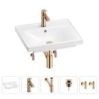 Раковина для ванной Wellsee FreeDom 201004829 в наборе 5 в 1: раковина белого глянцевого цвета, смеситель, сифон, донный клапан, угловые вентили (цвет набора розовое золото)