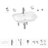 Раковина для ванной Wellsee Eclatant 201007456 в наборе 9 в 1: раковина белого глянцевого цвета, смеситель, сифон, донный клапан, угловые вентили, аксессуары (цвет набора хром)