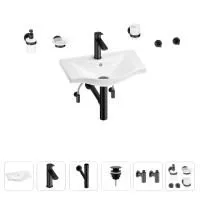 Раковина для ванной Wellsee Bisou 201007122 в наборе 9 в 1: раковина белого глянцевого цвета, смеситель, сифон, донный клапан, угловые вентили, аксессуары (цвет набора матовый черный)