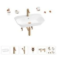 Раковина для ванной Wellsee Eclatant 201007489 в наборе 9 в 1: раковина белого глянцевого цвета, смеситель, сифон, донный клапан, угловые вентили, аксессуары (цвет набора розовое золото)
