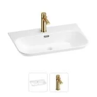 Раковина для ванной Wellsee Eclatant 2.0 201000953 в наборе 2 в 1: прямоугольная раковина белого глянцевого цвета, смеситель в цвете золото