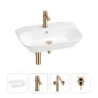 Раковина для ванной Wellsee Eclatant 201003749 в наборе 4 в 1: раковина белого глянцевого цвета, смеситель, сифон, донный клапан (цвет набора розовое золото)