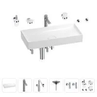 Раковина для ванной Wellsee Pure BY Wellsee 201006536 в наборе 9 в 1: раковина белого глянцевого цвета, высокий смеситель, сифон, выпуск, угловые вентили, аксессуары (цвет хром)