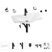 Раковина для ванной Wellsee Bisou 201007377 в наборе 9 в 1: раковина белого глянцевого цвета, смеситель, сифон, донный клапан, угловые вентили, аксессуары (цвет набора матовый черный)