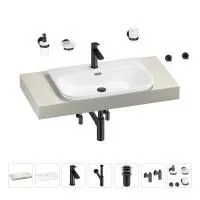 Раковина 65 см со столешницей 100 см Wellsee Eclatant 2.0 201013232 в наборе 10 в 1: столешница, раковина, смеситель, сифон, донный клапан, угловые вентили, аксессуары (цвет матовый черный)