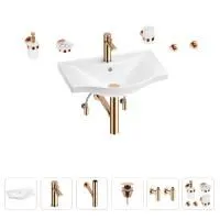 Раковина для ванной Wellsee Bisou 201007229 в наборе 9 в 1: раковина белого глянцевого цвета, смеситель, сифон, донный клапан, угловые вентили, аксессуары (цвет набора розовое золото)