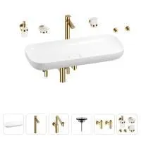 Раковина для ванной Wellsee Croquis 201005808 в наборе 9 в 1: раковина белого глянцевого цвета, высокий смеситель, сифон, выпуск, угловые вентили, аксессуары (цвет золото)