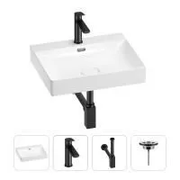 Раковина для ванной Wellsee DeSire 201003812 в наборе 4 в 1: раковина белого глянцевого цвета, смеситель, сифон, выпуск (цвет набора матовый черный)