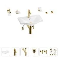 Раковина для ванной Wellsee Bisou 201007108 в наборе 9 в 1: раковина белого глянцевого цвета, смеситель, сифон, донный клапан, угловые вентили, аксессуары (цвет набора золото)
