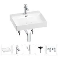 Раковина для ванной Wellsee DeSire 201005506 в наборе 5 в 1: раковина белого глянцевого цвета, смеситель, сифон, выпуск, угловые вентили (цвет набора хром)