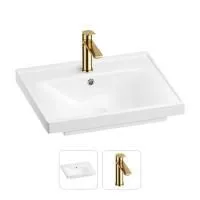 Раковина для ванной Wellsee FreeDom 201000838 в наборе 2 в 1: прямоугольная раковина белого глянцевого цвета, смеситель в цвете золото