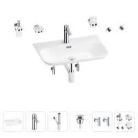 Раковина для ванной Wellsee Eclatant 2.0 201007516 в наборе 9 в 1: раковина белого глянцевого цвета, смеситель, сифон, донный клапан, угловые вентили, аксессуары (цвет набора хром)