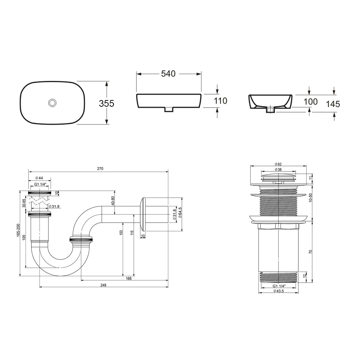 Комплект 3 в 1 Lavinia Boho Bathroom Sink 21520055: накладная фарфоровая  раковина 54 см, металлический сифон, донный клапан купить в Москве