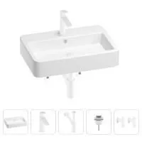 Раковина для ванной Wellsee Halcyon 201004480 в наборе 5 в 1: раковина белого глянцевого цвета, смеситель, сифон, донный клапан, угловые вентили (цвет набора матовый белый)