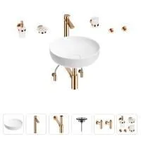 Раковина для ванной Wellsee Chalice Perfection 201006129 в наборе 9 в 1: раковина белого глянцевого цвета, высокий смеситель, сифон, выпуск, угловые вентили, аксессуары (цвет розовое золото)