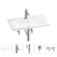 Раковина для ванной Wellsee FreeDom 201004946 в наборе 5 в 1: раковина белого глянцевого цвета, смеситель, сифон, донный клапан, угловые вентили (цвет набора хром)