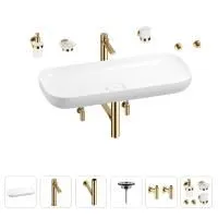 Раковина для ванной Wellsee Croquis 201005773 в наборе 9 в 1: раковина белого глянцевого цвета, высокий смеситель, сифон, выпуск, угловые вентили, аксессуары (цвет золото)