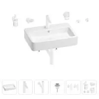 Раковина для ванной Wellsee Halcyon 201006580 в наборе 9 в 1: раковина белого глянцевого цвета, смеситель, сифон, донный клапан, угловые вентили, аксессуары (цвет набора матовый белый)