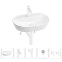Раковина для ванной Wellsee Calin 201003925 в наборе 5 в 1: раковина белого глянцевого цвета, смеситель, сифон, донный клапан, угловые вентили (цвет набора матовый белый)