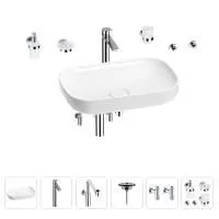 Раковина для ванной Wellsee Croquis 201005706 в наборе 9 в 1: раковина белого глянцевого цвета, высокий смеситель, сифон, выпуск, угловые вентили, аксессуары (цвет хром)