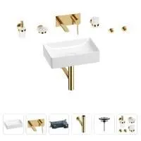 Раковина для ванной Wellsee Pure BY Wellsee 201006318 в наборе 8 в 1: раковина белого глянцевого цвета, встраиваемый смеситель, сифон, выпуск, аксессуары (цвет набора золото)