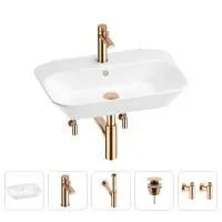 Раковина для ванной Wellsee Eclatant 201005414 в наборе 5 в 1: раковина белого глянцевого цвета, смеситель, сифон, донный клапан, угловые вентили (цвет набора розовое золото)