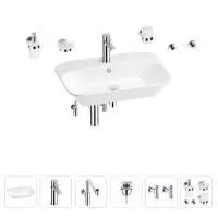 Раковина для ванной Wellsee Eclatant 201007496 в наборе 9 в 1: раковина белого глянцевого цвета, смеситель, сифон, донный клапан, угловые вентили, аксессуары (цвет набора хром)