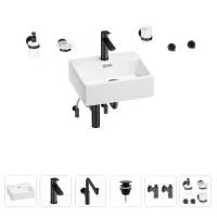 Раковина для ванной Wellsee Graceful Pro 201006642 в наборе 9 в 1: раковина белого глянцевого цвета, смеситель, сифон, донный клапан, угловые вентили, аксессуары (цвет набора матовый черный)