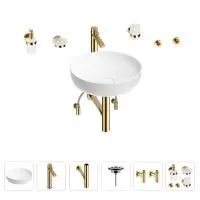 Раковина для ванной Wellsee Chalice Perfection 201006173 в наборе 9 в 1: раковина белого глянцевого цвета, высокий смеситель, сифон, выпуск, угловые вентили, аксессуары (цвет золото)
