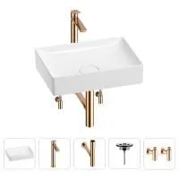 Раковина для ванной Wellsee Pure BY Wellsee 201004399 в наборе 5 в 1: раковина белого глянцевого цвета, высокий смеситель, сифон, выпуск, угловые вентили (цвет набора розовое золото)