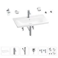 Раковина для ванной Wellsee FreeDom 201007076 в наборе 9 в 1: раковина белого глянцевого цвета, смеситель, сифон, донный клапан, угловые вентили, аксессуары (цвет набора хром)