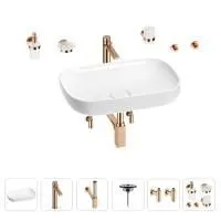 Раковина для ванной Wellsee Croquis 201005654 в наборе 9 в 1: раковина белого глянцевого цвета, высокий смеситель, сифон, выпуск, угловые вентили, аксессуары (цвет розовое золото)