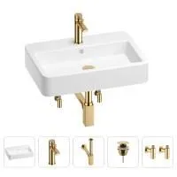 Раковина для ванной Wellsee Halcyon 201004493 в наборе 5 в 1: раковина белого глянцевого цвета, смеситель, сифон, донный клапан, угловые вентили (цвет набора золото)