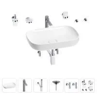 Раковина для ванной Wellsee Croquis 201005651 в наборе 9 в 1: раковина белого глянцевого цвета, высокий смеситель, сифон, выпуск, угловые вентили, аксессуары (цвет хром)