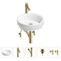 Раковина для ванной Wellsee Doux 201004228 в наборе 5 в 1: раковина белого глянцевого цвета, высокий смеситель, сифон, донный клапан, угловые вентили (цвет набора золото)