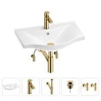 Раковина для ванной Wellsee Bisou 201005208 в наборе 5 в 1: раковина белого глянцевого цвета, смеситель, сифон, донный клапан, угловые вентили (цвет набора золото)