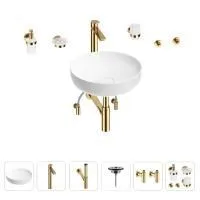 Раковина для ванной Wellsee Chalice Perfection 201006188 в наборе 9 в 1: раковина белого глянцевого цвета, высокий смеситель, сифон, выпуск, угловые вентили, аксессуары (цвет золото)