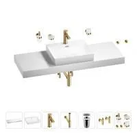 Раковина 55 см со столешницей 140 см Wellsee DeSire 201013633 в наборе 10 в 1: столешница, раковина, смеситель, сифон, выпуск, угловые вентили, аксессуары (цвет золото)
