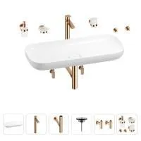 Раковина для ванной Wellsee Croquis 201005769 в наборе 9 в 1: раковина белого глянцевого цвета, высокий смеситель, сифон, выпуск, угловые вентили, аксессуары (цвет розовое золото)