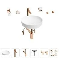Раковина для ванной Wellsee Chalice Perfection 201006154 в наборе 9 в 1: раковина белого глянцевого цвета, высокий смеситель, сифон, выпуск, угловые вентили, аксессуары (цвет розовое золото)