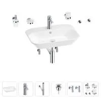 Раковина для ванной Wellsee Eclatant 201007486 в наборе 9 в 1: раковина белого глянцевого цвета, смеситель, сифон, донный клапан, угловые вентили, аксессуары (цвет набора хром)